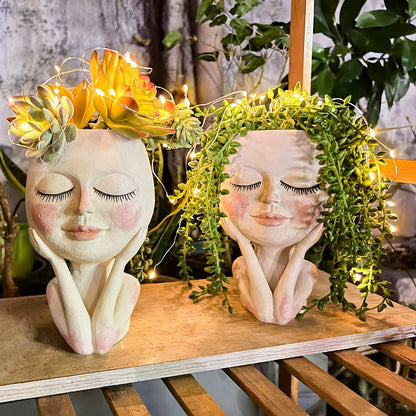 ASDFG Solar-Face Flower Pot Head Planter Pots - LED String Lights Warterproof Resin Succulent Cactus Planters Pots with Drainage Hole Cute Lady Closed Eyes Indoor Outdoor Garden Decor (Large)