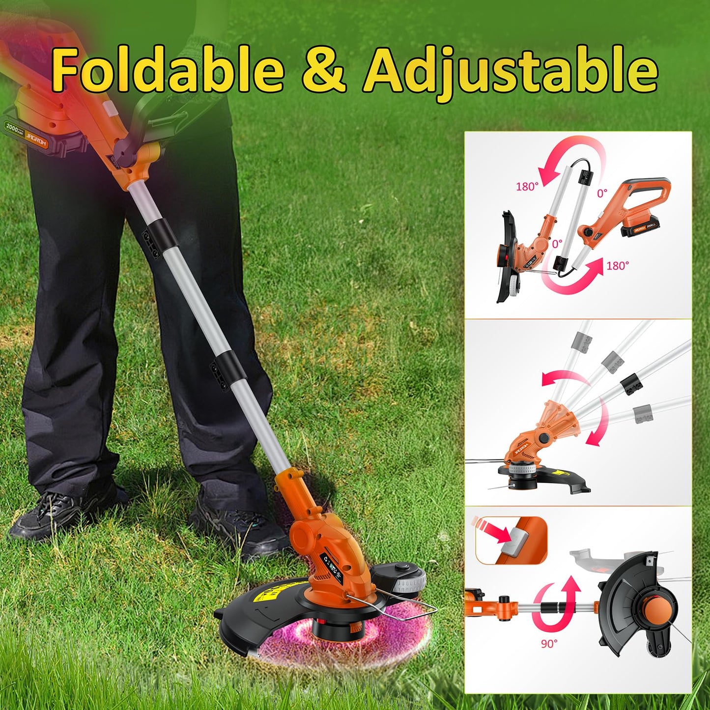 JAGROM Electric String Trimmer Cordless with 2x2.0Ah Battery, 20V Battery Powered 12-inch Lawn Mover & Edger Lawn Tool with Charger, Powered Grass Trimmer with 8pcs Spool Line for Yard, Garden, Orange