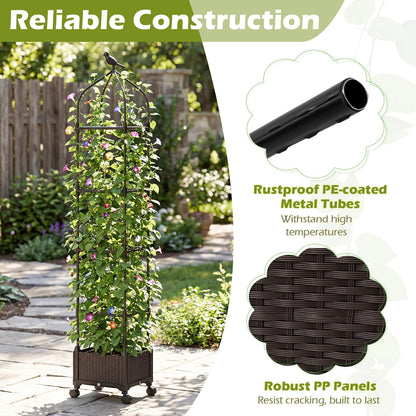 HAPPYGRILL Raised Garden Bed with Trellis, Self-Watering Tomato Cages, 83” 67” 51” Adjustable Height, Indoor Outdoor Obelisk Planter Box w/Trellis & Wheels for Climbing Plants Vines Fruits (2)