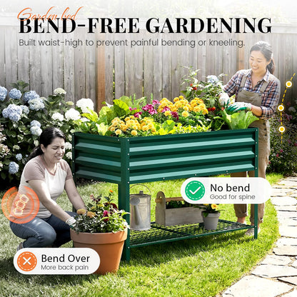 KING BIRD Large Raised Garden Bed with Legs & Storage Shelf Galvanized Elevated Planter Box for Backyard, Patio, Balcony, 400lb Capacity, Green 48×24×31.5 in