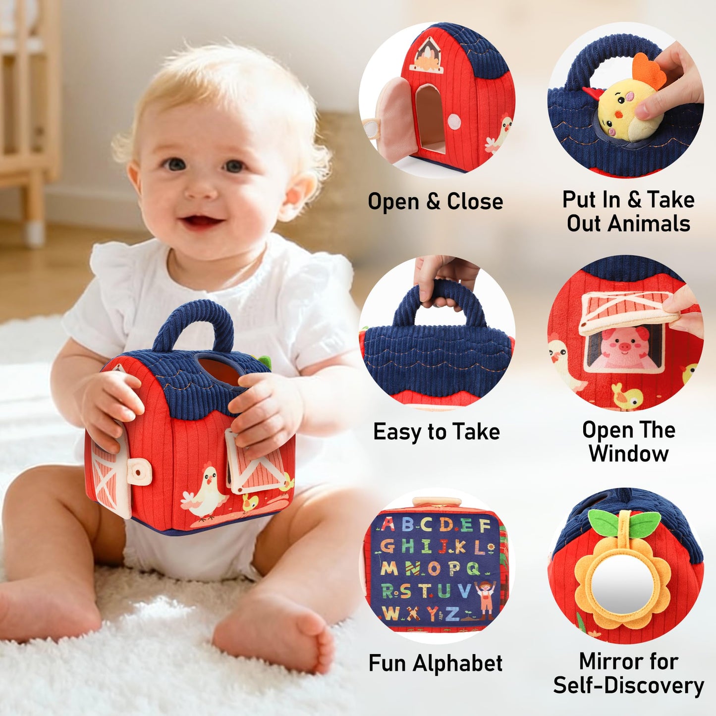 Baby Toys 6-12 Months, Montessori Sensory Barn Toys for Babies 3-6 7 8 9 10 12 18 Months, Stuffed Farm Animal Toys for Toddlers 1-3, Infant Toys Christmas Gifts for 1 2 Year Old Boys Girls