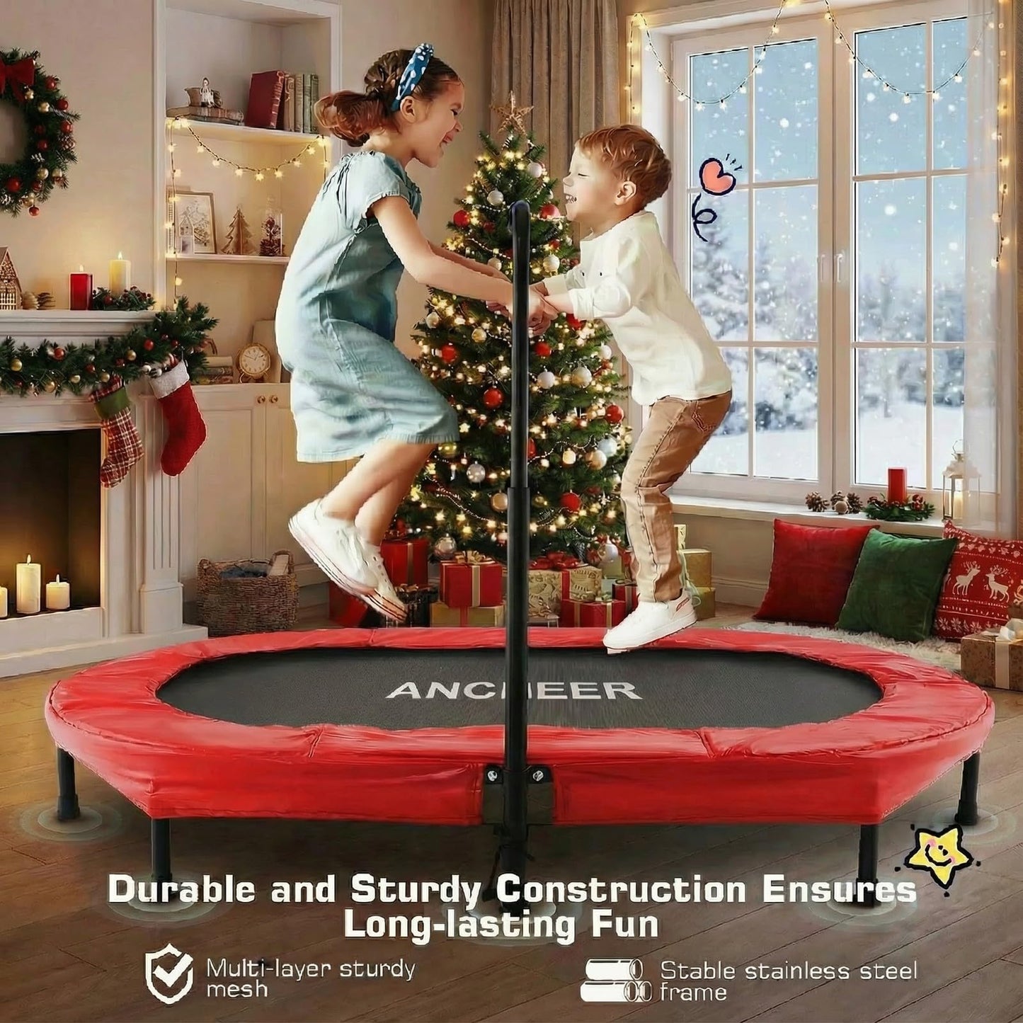 ANCHEER Trampoline for Kids, Toddler Trampoline Indoor Sports and Outdoor Games 56" Kids Rebounder 220LBS Capacity with Adjustable Safety Handrail Foldable Jumper for Boys and Girls (ASTM Certified)