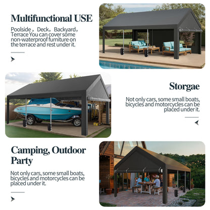 Shintenchi 12x20 FT Heavy-Duty Design Carport,Portable Garage Canopy,Carport Canopy with Side-Opening Removable Door & Roll-Up Window,Portable Car Port for Car, Truck, Boat,Grey
