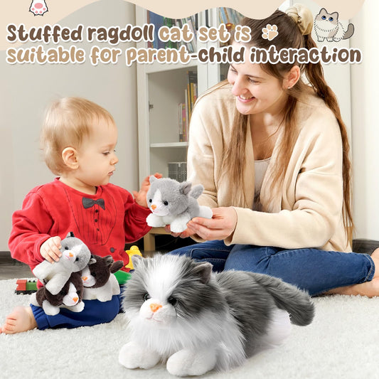HyDren 5 Pcs Realistic Ragdoll Cat Stuffed Animal, 17.75 Inches Large Ragdoll Cat Mommy Plush with 4 Cute Babies Soft Plush Kittens Set for Girls Boys Birthday Party Favors(Grey)