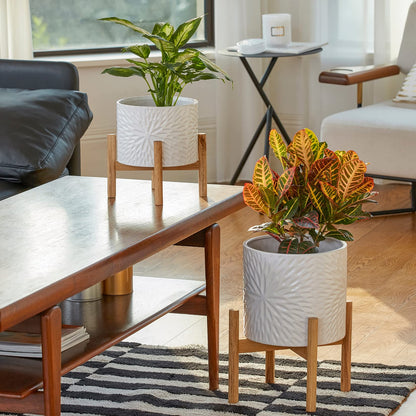 LA JOLIE MUSE White Planter with Stand,Mid Century Planters for Indoor Plants,Ceramic Plant Pot with Stand - 8 Inch Unique Modern Flower Pots Indoor with Drainage Holes