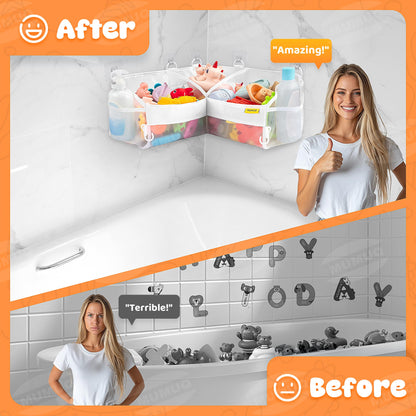 MUMUQ 3 Compartments Bath Toy Storage Corner Bath Toy Holder for Bathtub, Kids Tub Toys Organizer with Adhesive Hooks, Quick-Drying Machine-Washable Mesh Bathroom Organizer for Tidy Bathtub