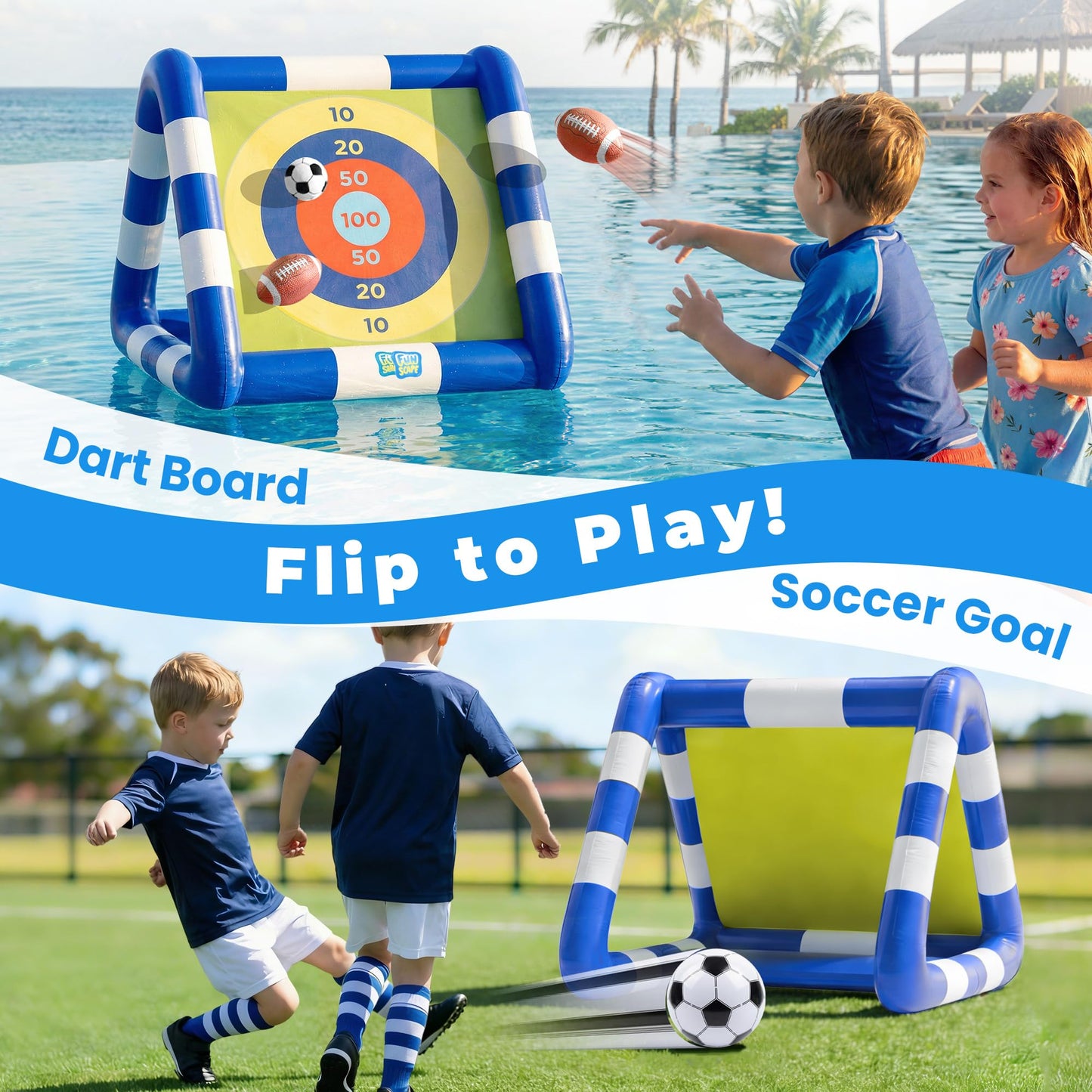 Funscape Kids Soccer Pool Toy, 2-in-1 Inflatable Float Soccer Goal & Ball Toss Water Game, Toddler Outdoor Football Backyard Game, Summer Beach Pool Party Gift 3 4 5 6 7 8 10 12 Year Old Boy Girl Teen