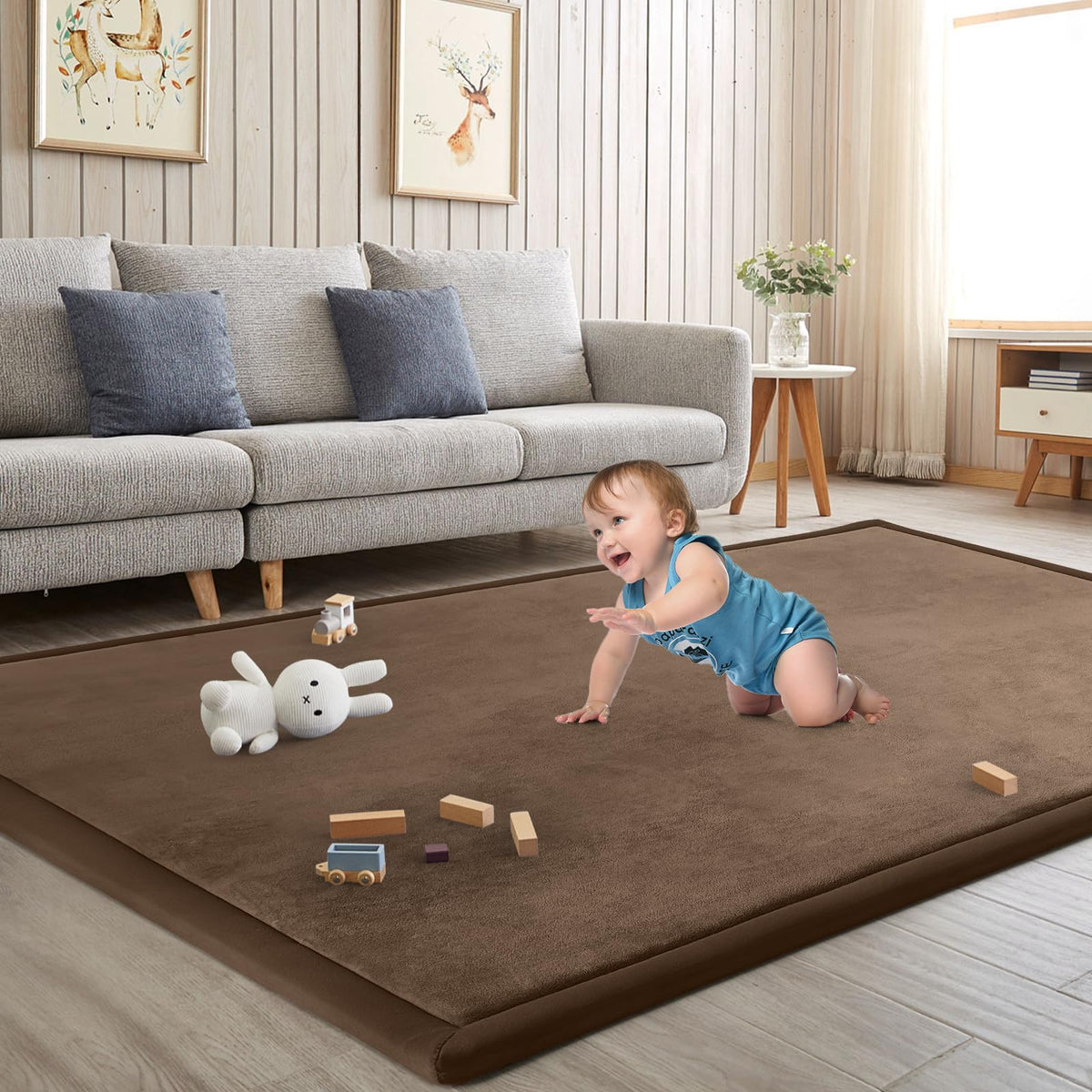ILPEOD Baby Play Mat for Floor Nursery Rug Muscle Mat Area Rug Playroom Rug 79"x79" Playpen Mat Memory Foam 1.3" Thick Crawling Mat for Babies,Toddlers, Infants, Kids,Chestnut