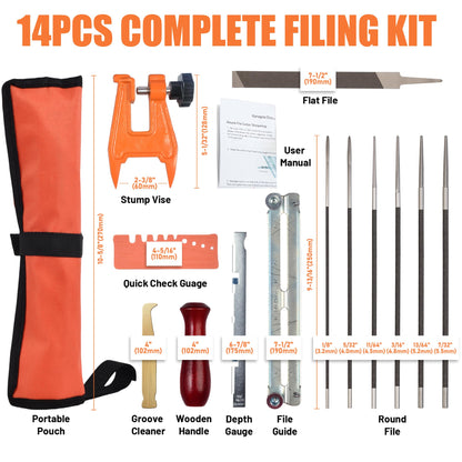 karvayna Universal Field Chainsaw File Kit, 14pcs Chain Saw File Set, 5/32" 7/32" 3/16" 1/8" 11/64" 13/64" Chainsaw Sharpening Files with Stump Vise