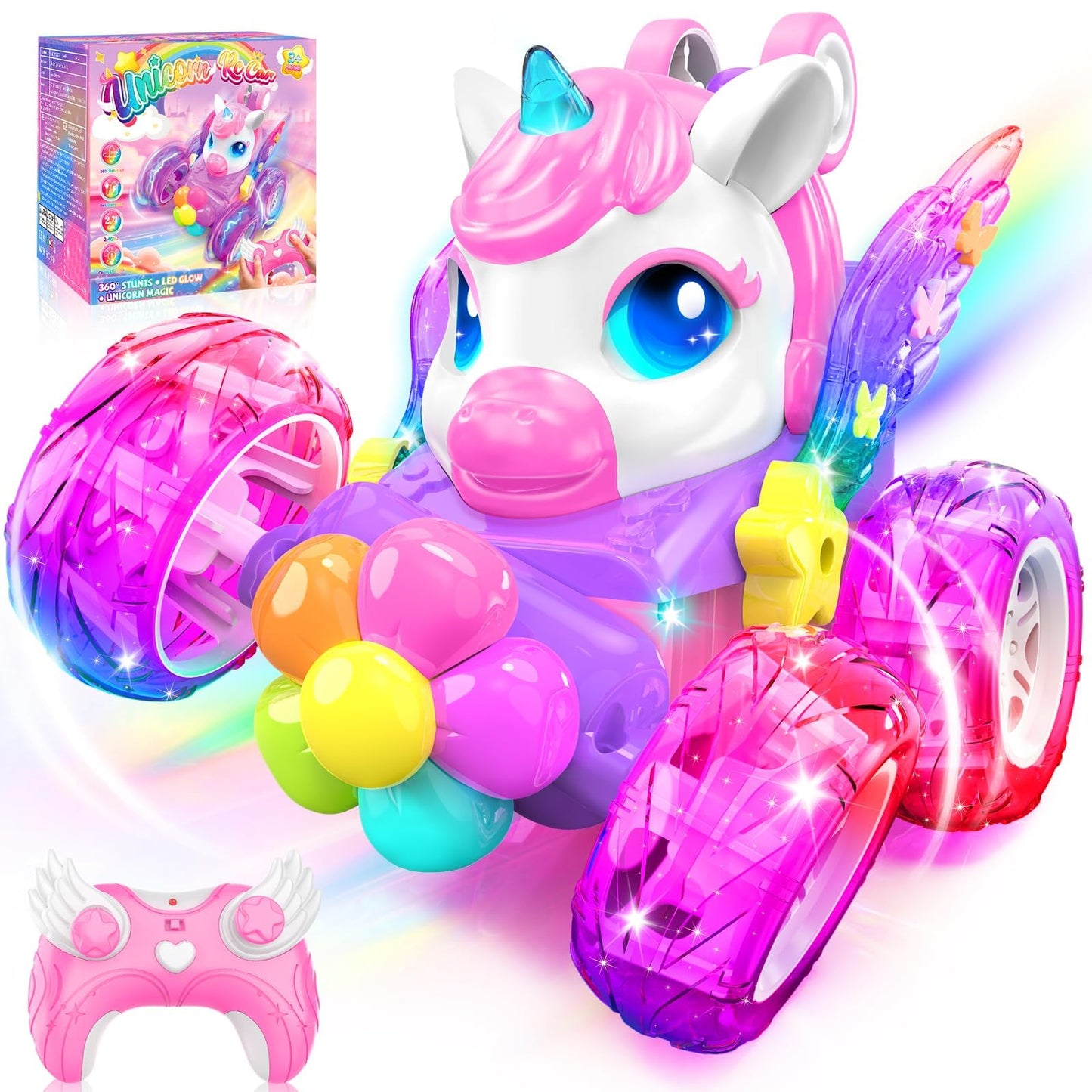 Zmpolir Unicorn RC Cars for Girl Toys with Glowling Crystal Wings & Eyes Lights, 360° Rotation Remote Control Car Pink Unicorn Stunt Car Kids Toys Birthday Gifts for 3 4 5 6 7 8 9 10 Year Old Girls