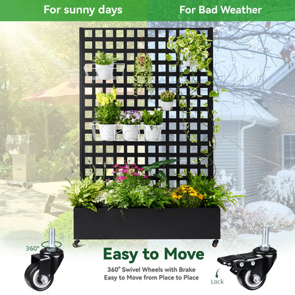 Metal Planter Box with Trellis, 71"x47"x16" Raised Garden Bed Outdoor with Privacy Screen & Lattice Trellis & Lockable Casters, Vertical Garden Box with Drainage Hole for Climbing Plants, Vegetable