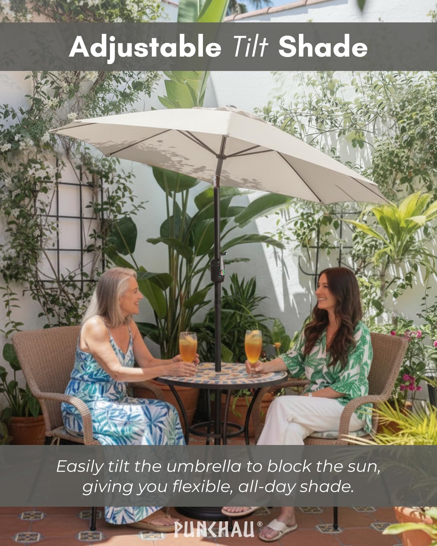 Punchau 6 Ft Outdoor Patio Umbrella - Outdoor Umbrella for Patio, Pool, Table, Garden, Deck, & Beach - Easy Open/Close Crank and Push Button Tilt Adjustment - Beige Market Umbrellas