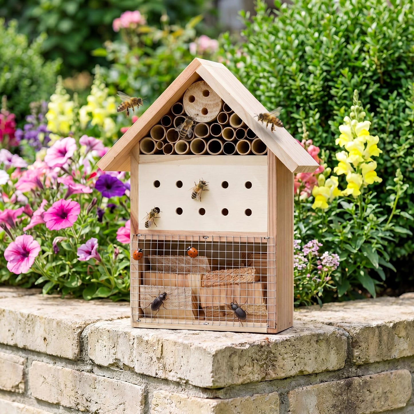Ferrochef 2 Pcs Wooden Bee House Hanging Insect Hotel for Ladybug, Mason Bee, Bugs Natural Insect Habitat on The Ground or Hanging on The Tree for Garden, 9.8 x 7.8 x 2.95 Inch