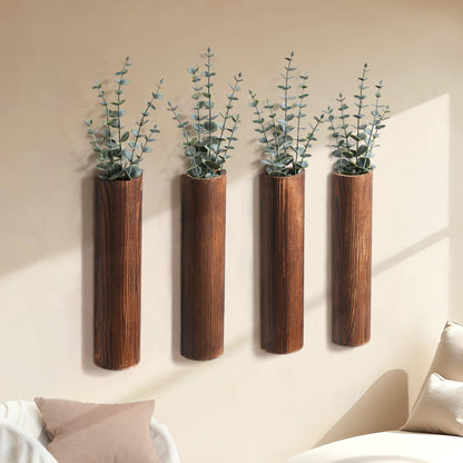 Fttoyoly Wood Wall Planter with 20 pcs Artificial Eucalyptus, Modern Decor for Living Room Bedroom Bathroom Entryway, Farmhouse Boho Wall Vases for Dried Flowers and Faux Plants - 4 Pack