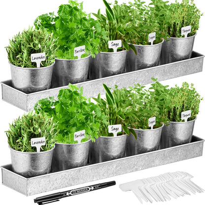 FoldTier 2 Sets Herb Garden Planter Indoor Kit with Trey 10 Pcs Metal Windowsill Plant Pots with Drainage Holes Indoor Herb Planter with Marker and Labels for Home Outdoor Plants(Silver)