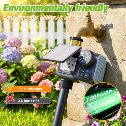 AnseTo Solar Sprinkler Timer, Solar & Type-C Rechargeable Water Timer for Garden Hose, Programmable Faucet System with Rain Delay/Manual/Auto Mode, Digital Irrigation Controller for Lawn/Yard/Pool