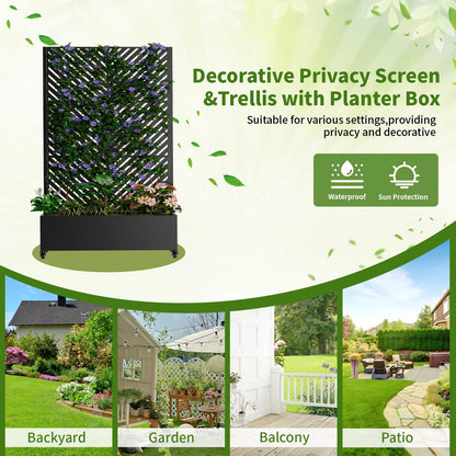 Metal Planter Box with Trellis and Wheels, 73"x47"x16" Galvanized Steel Raised Garden Bed with Drainage Holes, Outdoor Planter with Privacy Screen Function for Climbing Plants and Vines, Black