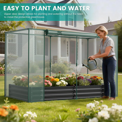 SUNYRISY Galvanized Raised Garden Bed with Protection Netting, Outdoor Metal Planter Box with Plant Crop Cage, Garden Box Protection for Gardening Vegetables Flowers Herbs Planting, Black