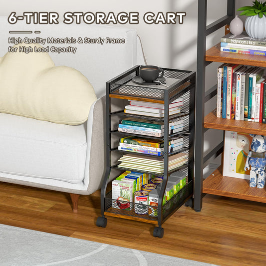 keomaisyto 6-Tier Standing File Organizer for Office Organization, Under Desk File Holder with Sliding Mesh Paper Letter Trays, Slim Rolling File Cart with Wheels for Home/Office/Study