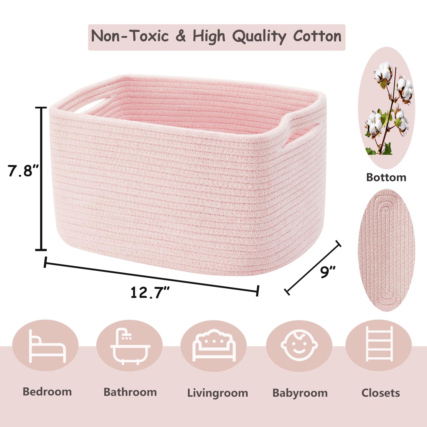 ENAORGAN Set of 4 Pink Rope Basket for Shelves Woven Rectangle Storage Basket Bins for Nursery Toy Storage for Baby Girl