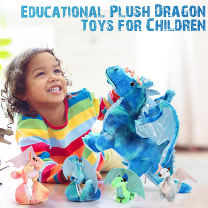 Deekin 7 Pcs Dragon Toy Set 16 Inch Large Dragon Stuffed Animal with 4 Baby Plush and 2 Eggs in Mommy's Belly Dinosaur Plushies Gifts for Boys Girls Birthday(Bright Style)