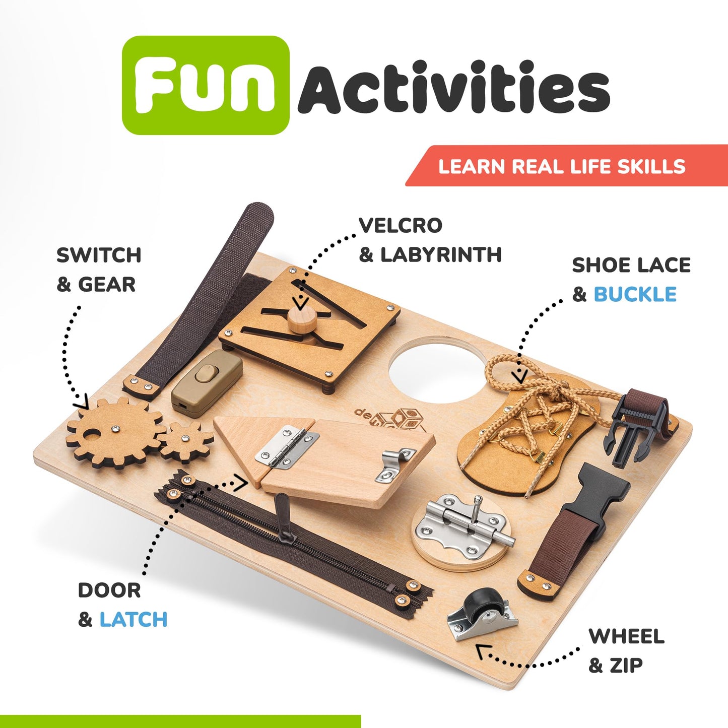 deMoca Sensory Busy Board for Toddlers, Premium Wooden Toddler Busy Board for 1 2 3 Year Old with 10 Educational Activities for Fine Motor Skills, Fidget Activity Toy for Travel