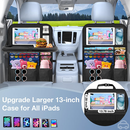 Oneyus Car Backseat Organizer with Table Tray(2-Pack) 9 Storage Pockets Backseat Car Organizer and storage with Tablet Holder, Kick Mats Back Seat Cover for Kids family Road Trip Essentials Travel