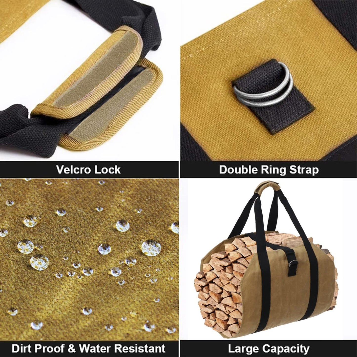 Coverify Canvas Log Carrier Bag Heavy Duty Water Resistant Firewood Log Tote Bag Carrier for Indoor Stoves Firewood Carry Bag Holder with Handles for Outdoor Camping Trip (39.4''x18'', Brown)
