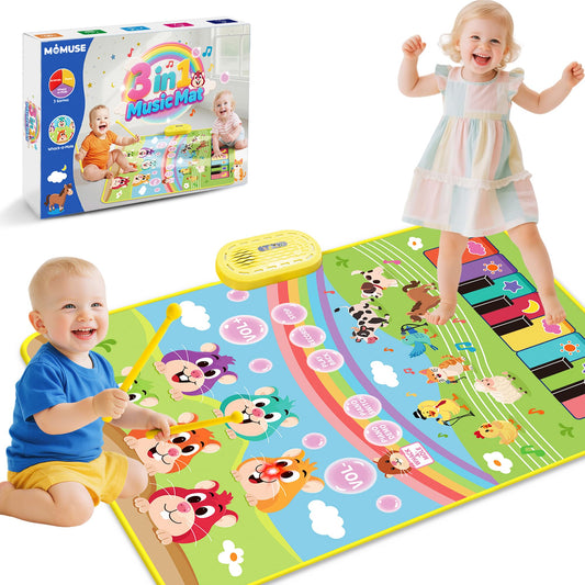 MOMUSE 3-in-1 Piano Music Mat for Kids, Whack-a-Mole Game Floor Play Mat with 30 Sound & Function Keys, Sensory Musical Toys for Baby Girls Boys Toddlers 1 2 3 4 5 6 Years Old