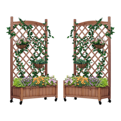 Wood-Natrl Raised Garden Bed with Trellies 2 Pack, Outdoor Wooden Planter Box & Plant Stand with Climbing Racks