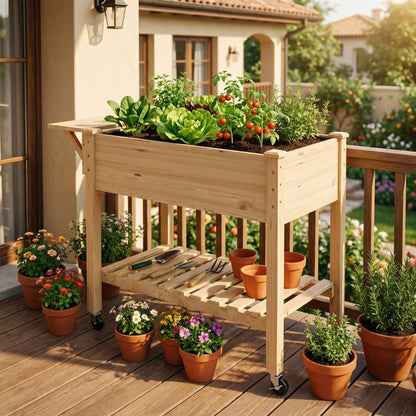 Cakhdry Raised Garden Bed with Legs and Wheels, Self-Watering System, 34x18x30in Elevated Planter Box with Storage Shelf & Liner for Flowers Vegetables Herbs, Raised Bed for Outdoor/Balcony/Patio