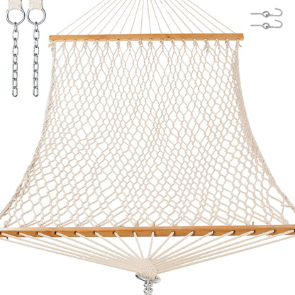 GAFETE 12ft Double Hammocks for Outside, Handwoven Traditional Cotton Rope 2 Person Hammock with Hardwood Spreader Bar, Chains & Hooks for Indoor Outdoor, Max 450 lbs Capacity (Natural Beige, Medium)
