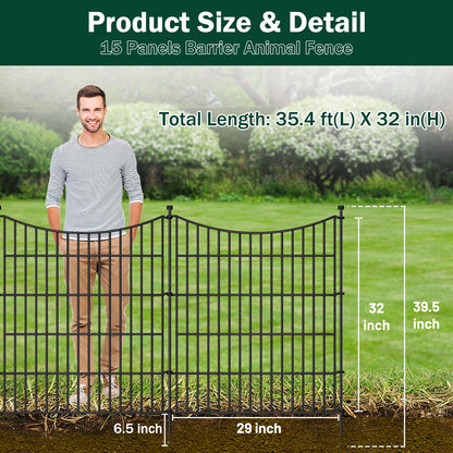 15 Panels Decorative Garden Fence with Gate, 32 in(H) X 35.4 ft(L) No Dig Dog Fence Animal Barrier Outdoor for Yard, Rustproof Metal Garden Edging and Borders, Temporary Fencing Stakes
