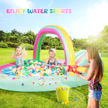 SULIFEEL Rainbow Unicorn Inflatable Play Center Kiddie Pool with Slide and Sprinkler for Children, 96''x59''x39''in Baby Pool for Backyard and Garden