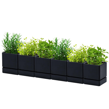 D'vine Dev 4 Inch Herb Planter Pot, Plastic Planter with Drainage Holes and Saucer, Modern Decorative Gardening Pot for Indoor Plants, Flowers, Herbs, Succulents, Black, Set of 6, 76-Y-B6-1