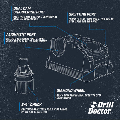 Drill Doctor DD750X Electric Drill Bit Sharpener, 3/32-3/4" High-Speed, Portable - Steel, Masonry, Carbide, Cobalt, Tin-Coated Bits, Adjustable Angles