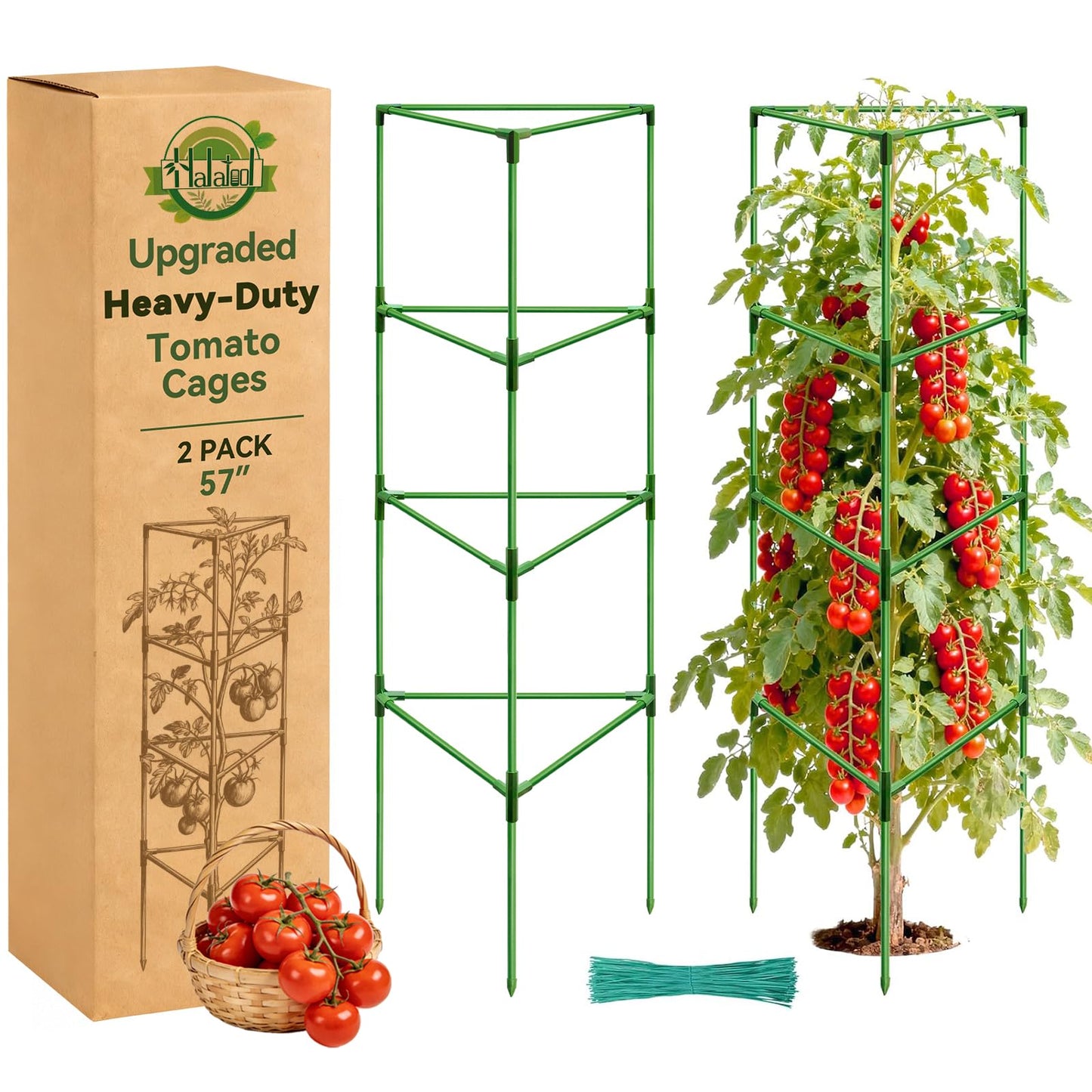 Halatool 57 Inch Tall Tomato Cages, 2 Pack Heavy Duty Metal Plant Supports Stakes for Garden, Adjustable Foldable Steel Trellis for Climbing Plants Cucumbers Peppers Cherry Flowers Vegetables Fruits