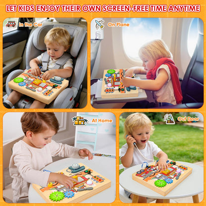Wdmiya Montessori Busy Board for Toddlers 2-4, Fire Truck Activity Board with LED Lights & Sounds, Wooden Sensory Learning Toy with Rotary Phone, Helicopter & Gears, for 2 3 4 Year Old Boys Girls Gift