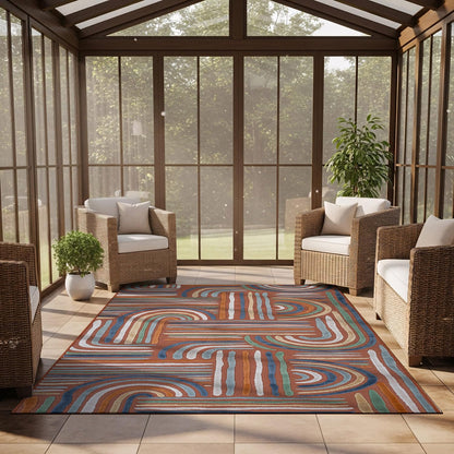 CAMILSON Indoor Outdoor Rug, Orange 6x9 Geometric Arch Striped Area Rugs for Patio and Home Areas, Easy-Cleaning Non-Shedding Living Room, Garden and Deck Washable Outside Carpet (6 x 9)