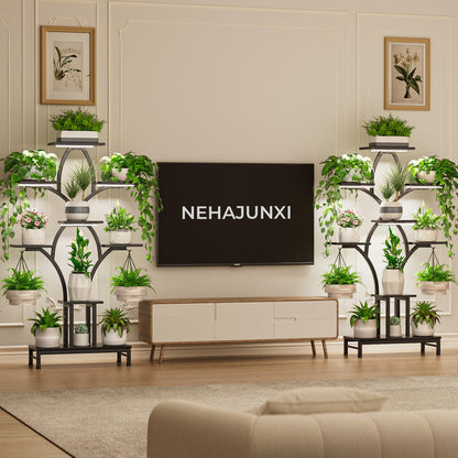 NEHAJUNXI Plant Stand Indoor with 4 Grow Lights - 63" Tall Plant Shelf- 8 Tiered Corner Plant Flower Stands Display Shelves for Home, Patio (Black)