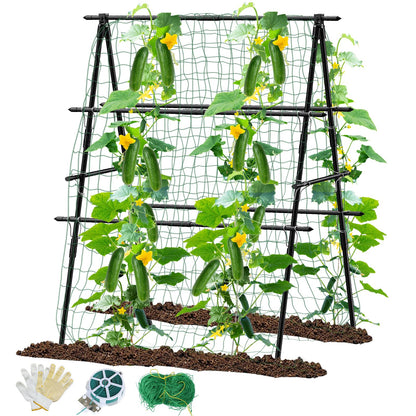 Cucumber Trellis, 31''X47'' A-Frame Cucumber Trellis for Raised Bed with Climbing Net, Metal Garden Trellis for Climbing Plants for Cucumber,Tomato, Grapes and Flowers