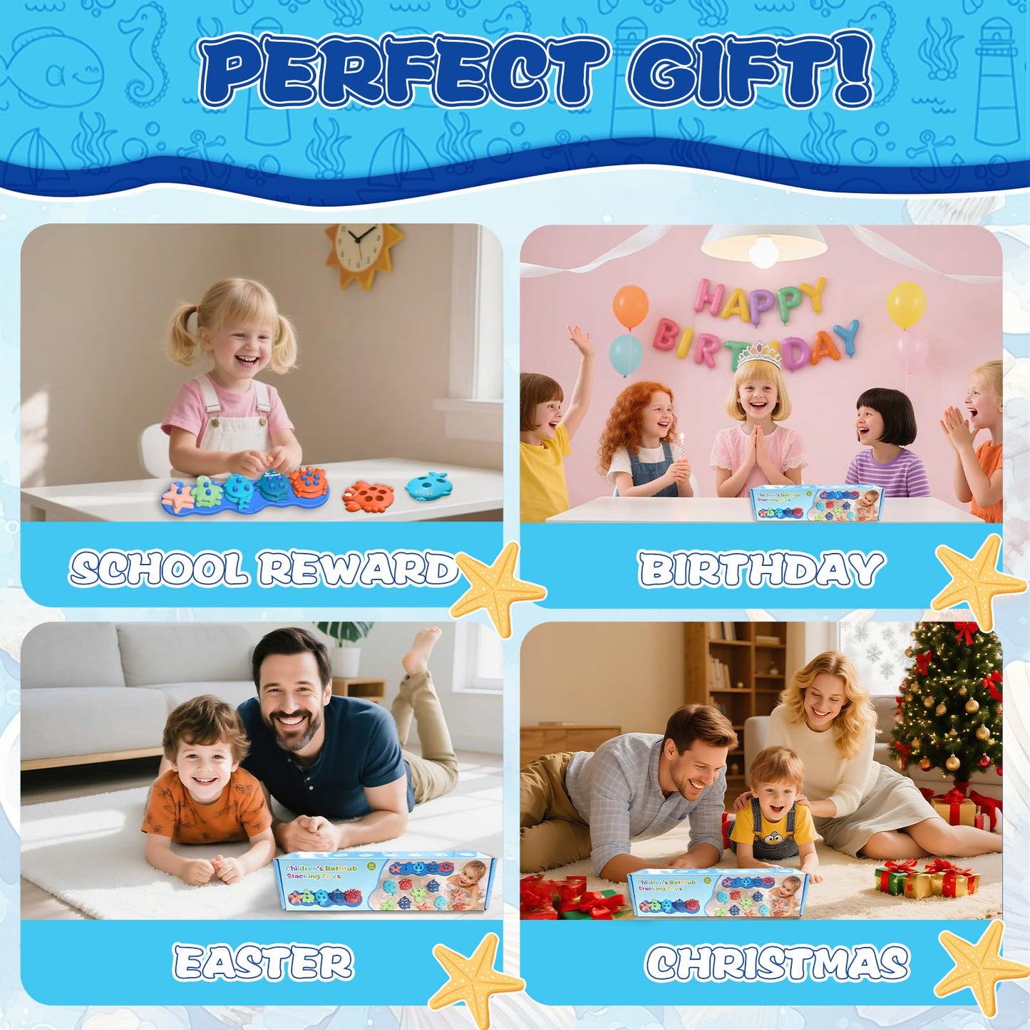 Baby Bath Toys, Premium Silicone Mold Free Ocean Animal Shape Sorting & Stacking Toddlers Bath Toys, No Hole Bathtub Floating Toys Gift for Boys Girls, Early Learning Sensory Water Toys, Bathtime Fun