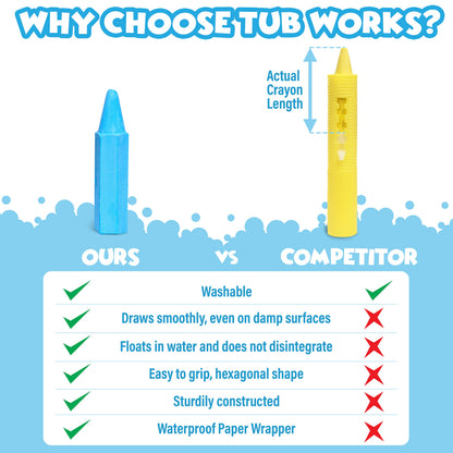 Tub Works® Smooth™ Bath Crayons Bath Toy, 24 Pack | Nontoxic, Washable Bath Crayons for Toddlers & Kids | Unique Formula Draws Smoothly & Vividly on Wet & Dry Tub Walls | Hexagon Grip Bathtub Crayons