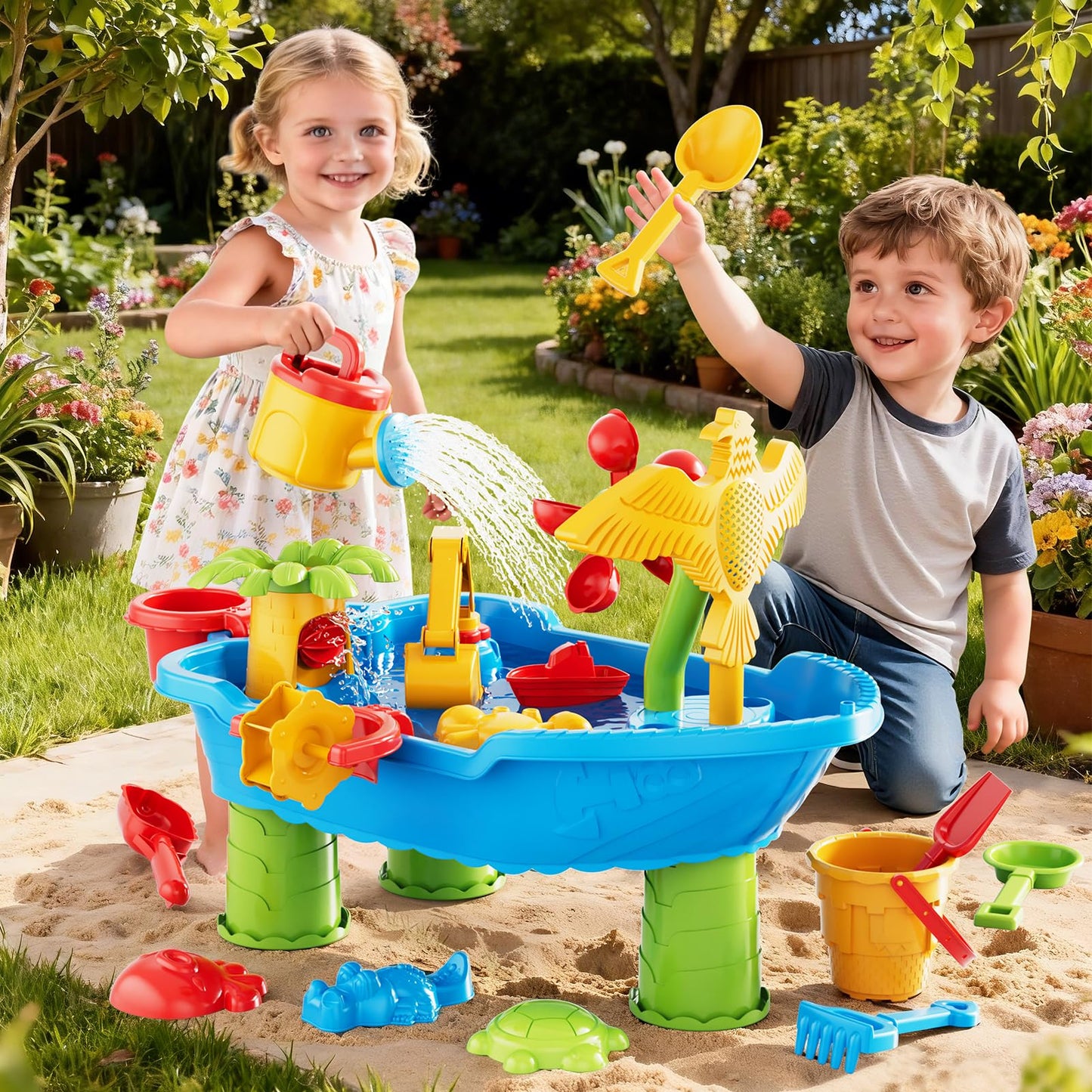 Kids Sand Water Table for Toddlers 1-3 3-5 Years, Outdoor Activity Play Set with Beach Toys, Shovels & Molds, Summer Outdoor Beach Outside Backgard Sensory Toys for Kids Boys Girls 1.5+ Years
