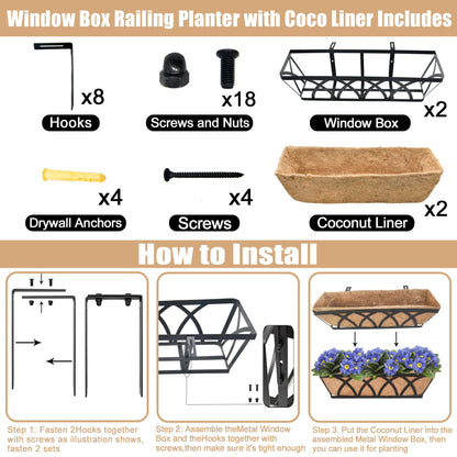 ZVOWOS Flat Railing Planter Window Box 2 Pack 30" Horse Trough Planter with Coco Fiber Liner Metal Window Planter Box Deck Balcony Rail Planter for Outdoor Porch Fence Patio