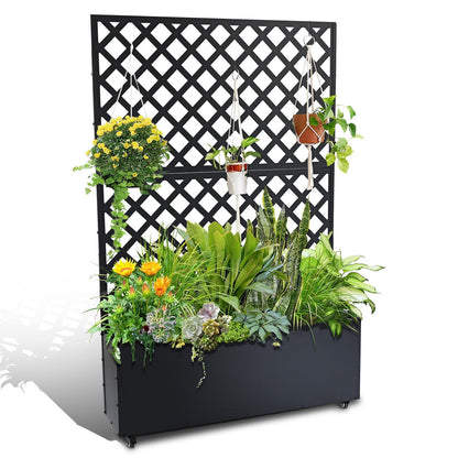 SierraSquad 70.9" x 46.5" x 11.8" Metal Raised Garden Bed with Trellis – Galvanized Planter Box with Drainage Holes & Privacy Screen for Patio, Balcony, Outdoor – Black