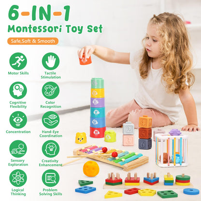 FlufiFiea 6 in 1 Montessori Baby Toys 6-12-18 Months Infant Sensory Developmental Toys Set, Toddler Gift Early Learning Baby Toys for 1 Year Old Boys Girls