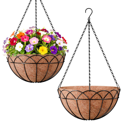 Halatool 2 Pack 14 Inch Hanging Baskets for Plants Outdoor- Small Hanging Garden Planters with Coco Liner for Outside, Empty Metal Wire Flower Holder Hanger Pot for Wall Patio Porch Balcony Decoration