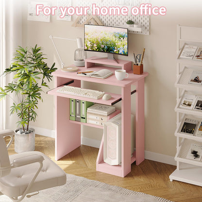 ALISENED 30" Small Computer Desk with Keyboard Tray Monitor Stand, Study Writing Desk with Storage Shelves, Modern Workstation for Small Spaces, Save Space, Pink