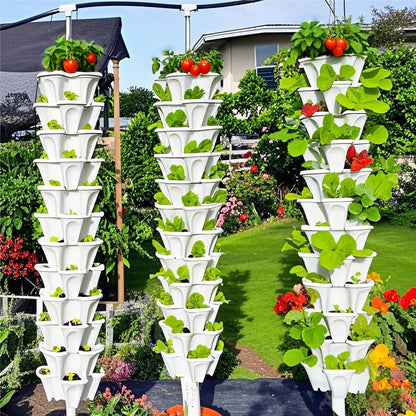 Lykvrii Strawberry Planters, 3 Tiered Vertical Stackable Planter, Herb Stacking Tower Garden, Flower Vegetable Planters with Support Pole, Indoor & Outdoor with Removable Wheels - White